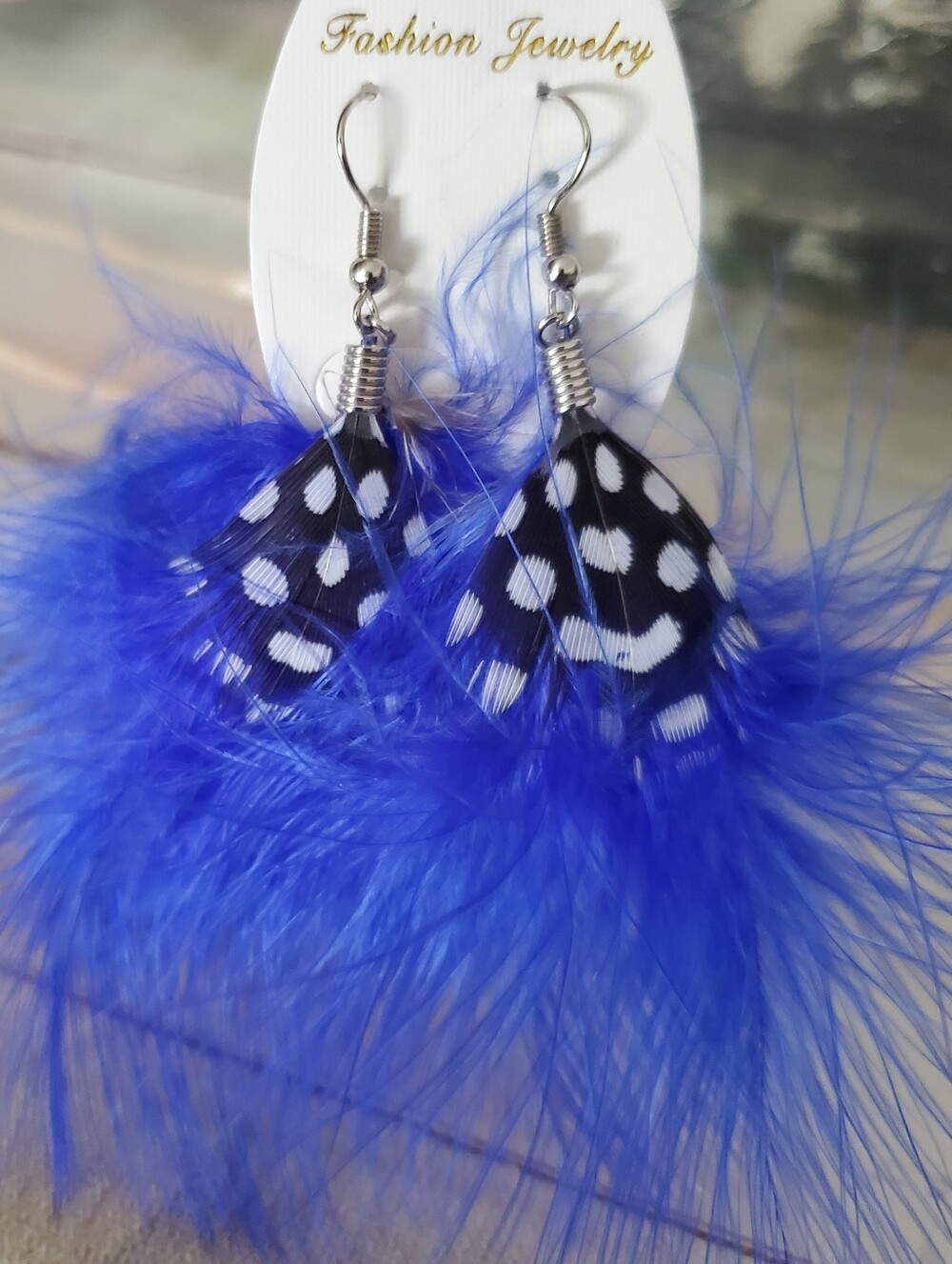 Large Light Layered Blue Feather Dangle Earrings.